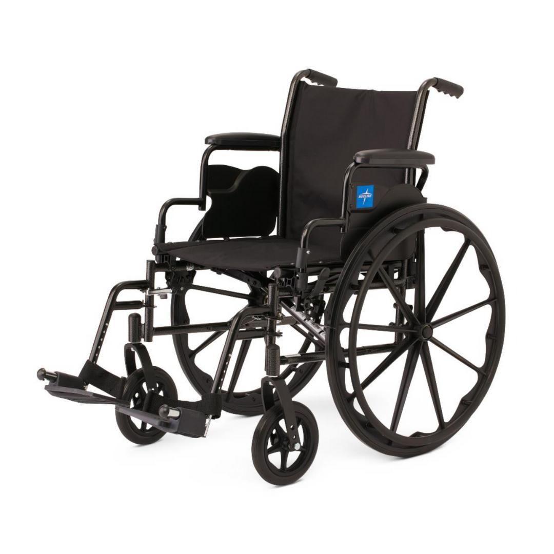 The Medline Lightweight K3 Wheelchair, featuring a black frame, nylon upholstery, large rear wheels, small front casters, armrests, footrests, and padded seat and backrest, is shown on a white background.